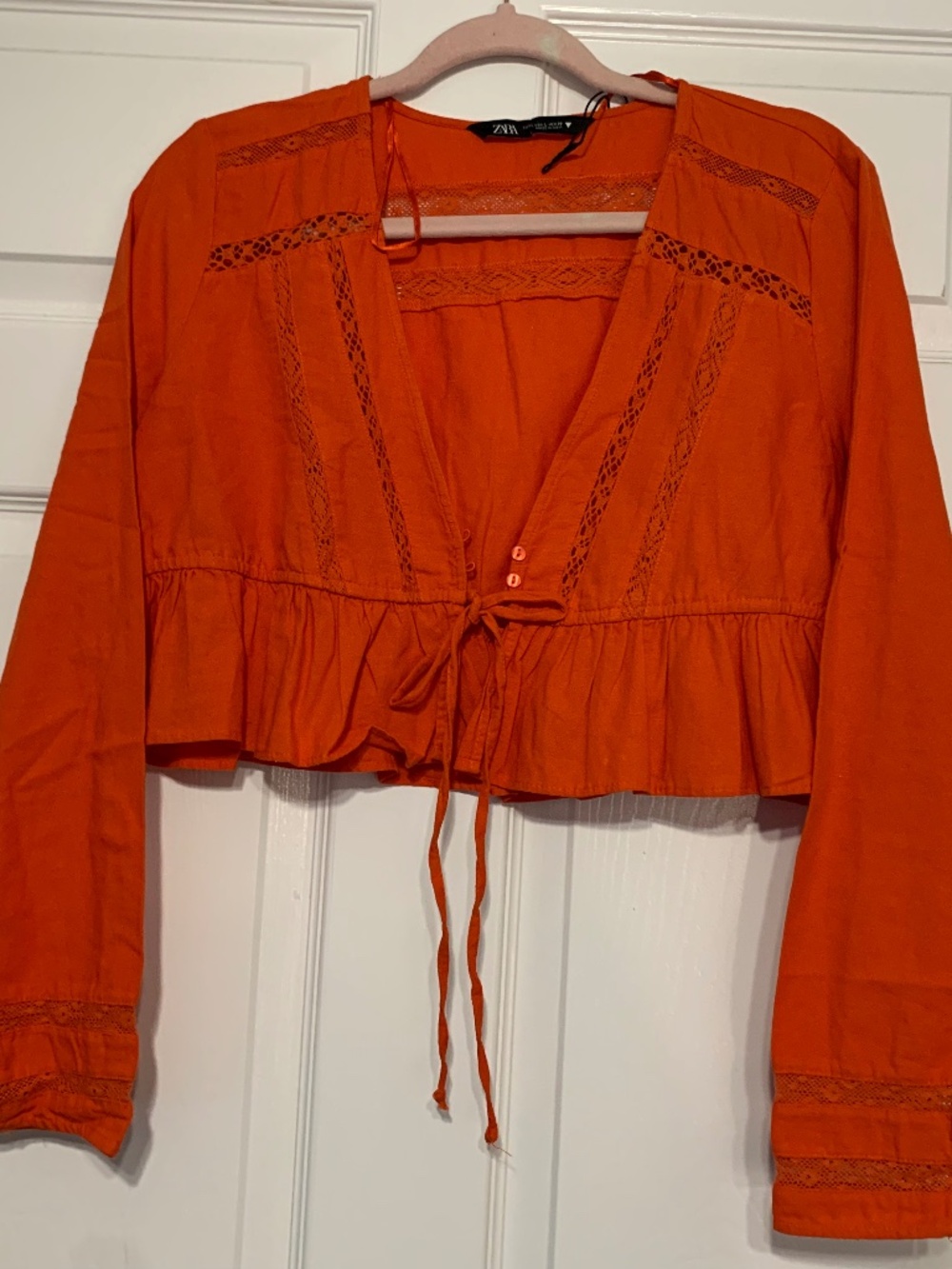 Zara Womens Cropped Top Shirt Lace Ruffle Large Red Linen Long Sleeve